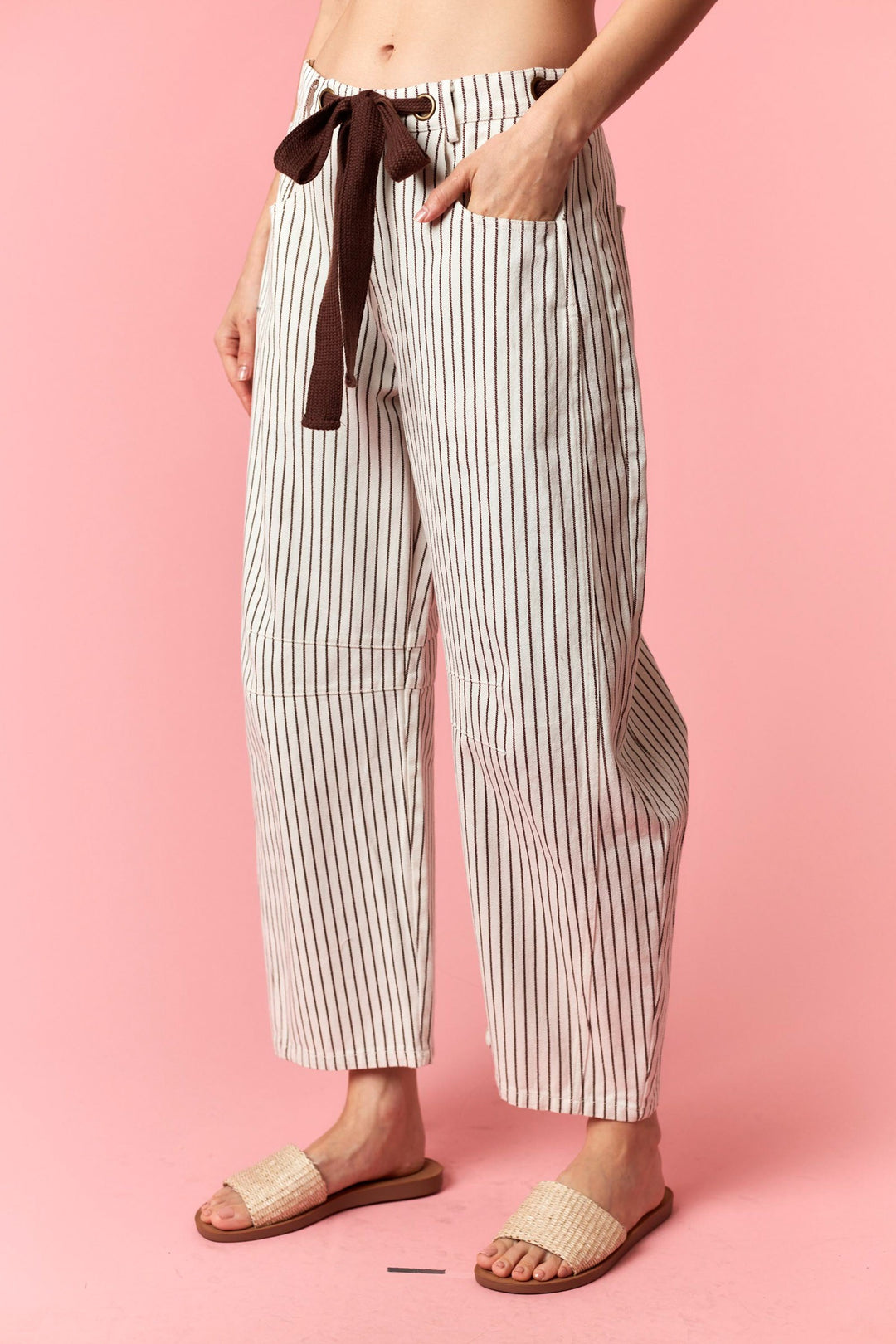 Coffee Tie Stripe Barrel Pants