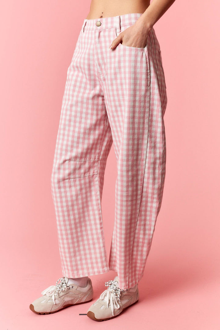 Light Pink Gingham Barrel Pants