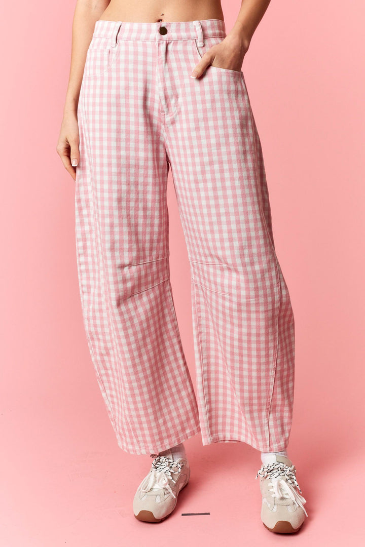 Light Pink Gingham Barrel Pants