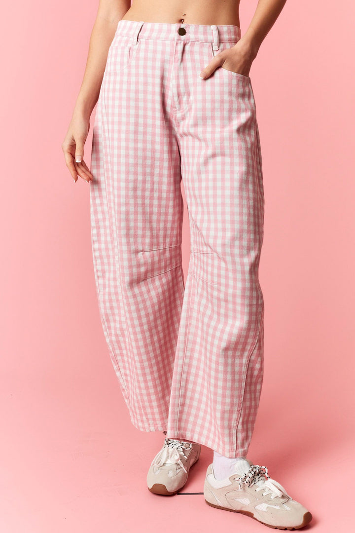Light Pink Gingham Barrel Pants