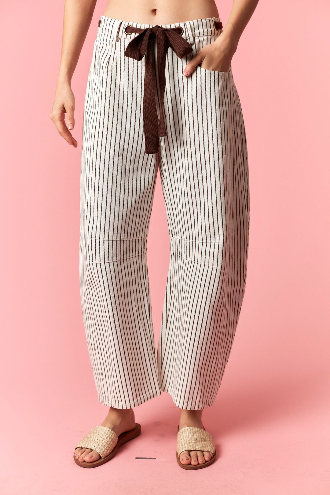 Coffee Tie Stripe Barrel Pants