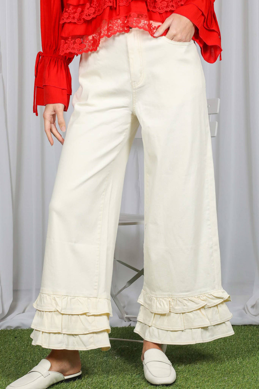 Ivory Ruffle Hem Pants