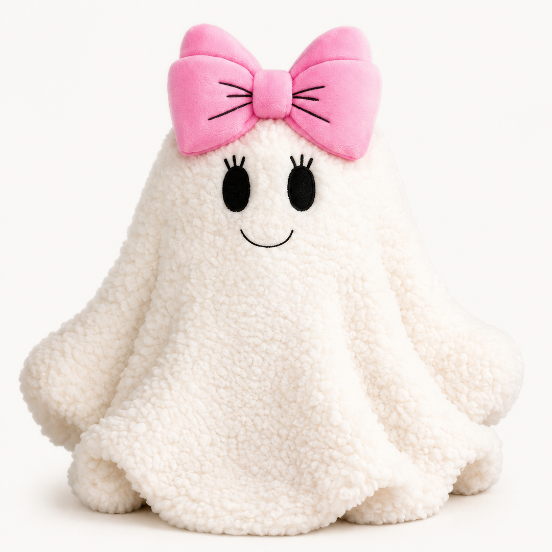 Iscream Girlie Ghost fleece plush with oversized pink bow — Heritage 1823, Dublin TX.