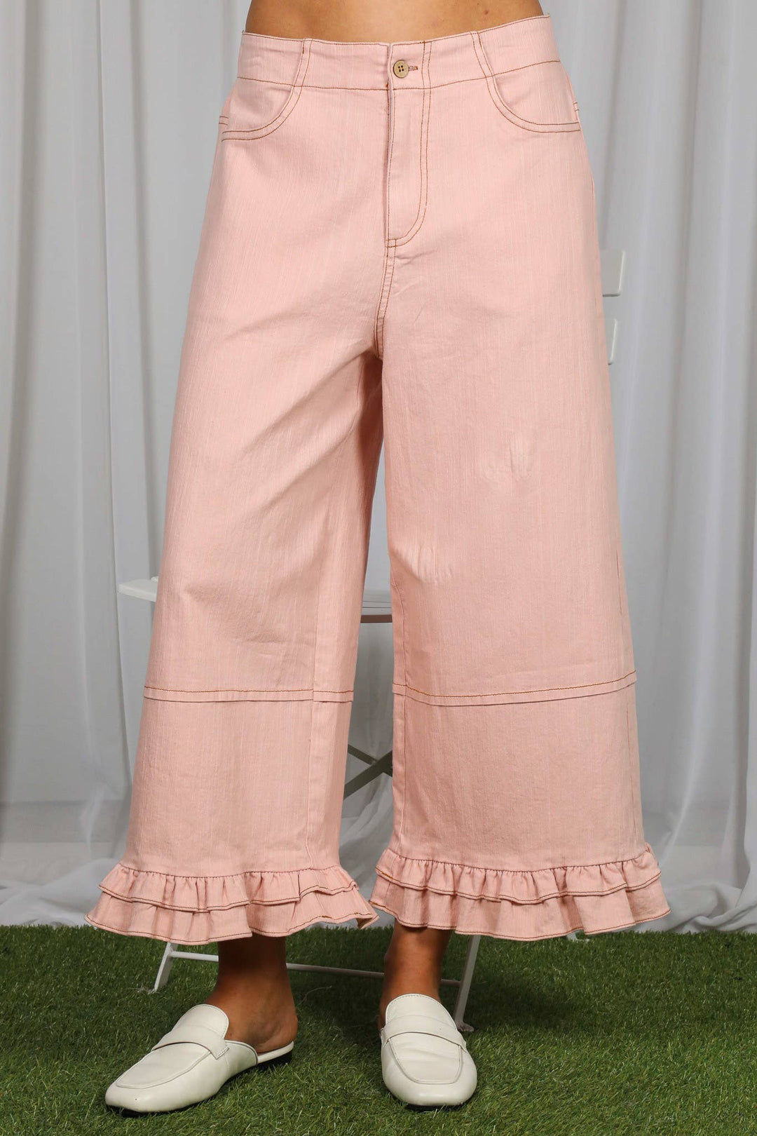 Front view of Rosy Ruffle Cropped Wide Leg Pants — Heritage 1823 boutique in Dublin, TX.