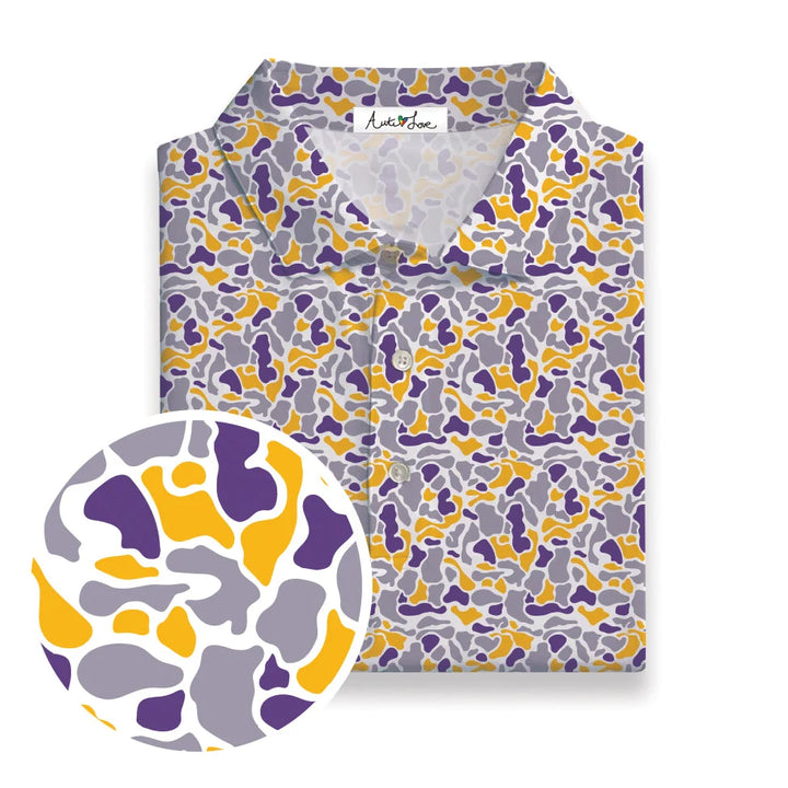 Purple &amp; Gold Camo Performance Polo- Adult
