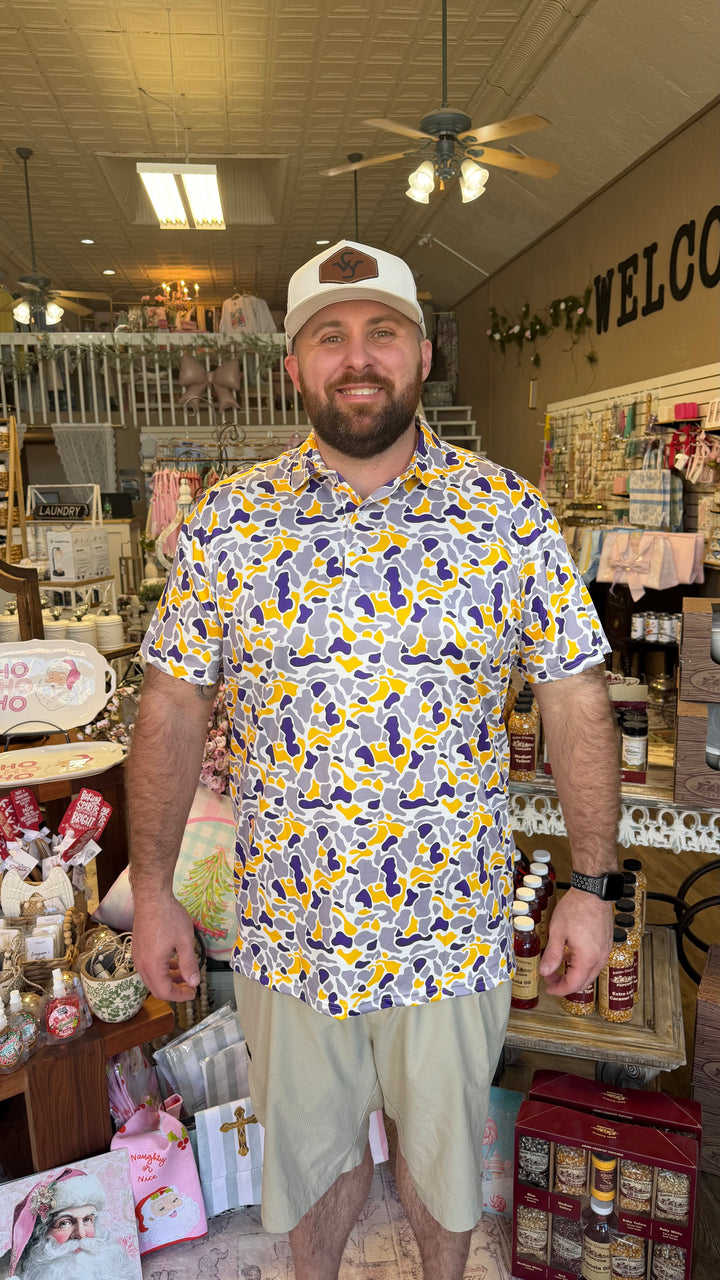 Purple &amp; Gold Camo Performance Polo- Adult