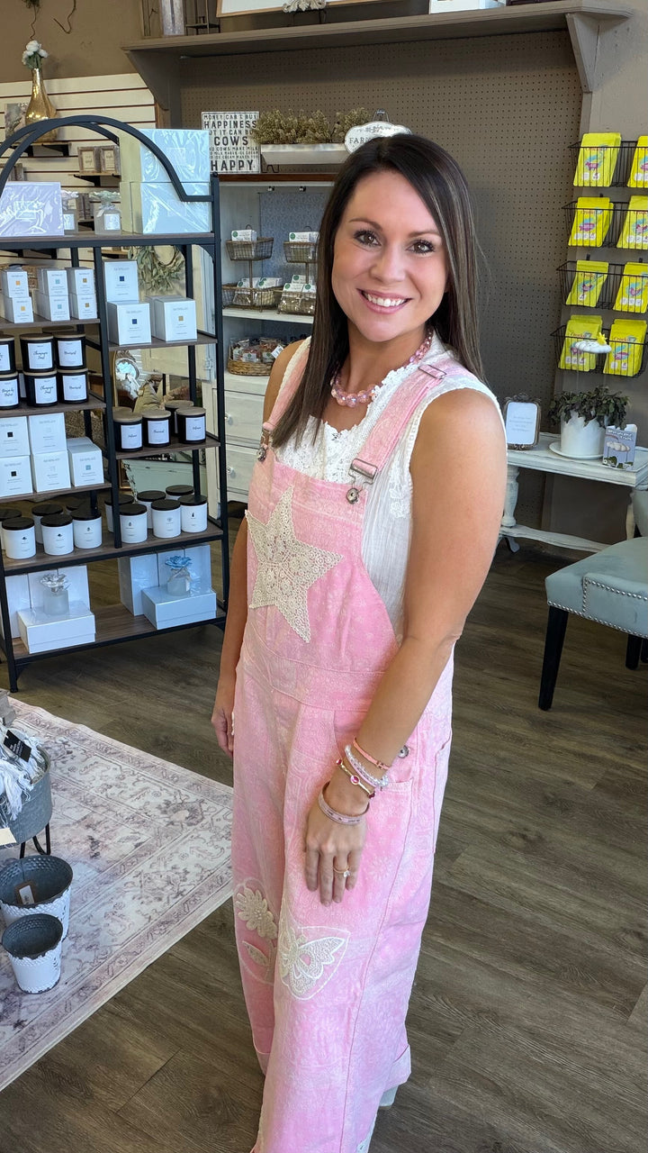 Pink Paisley Floral Crochet Pearl Patch Overalls
