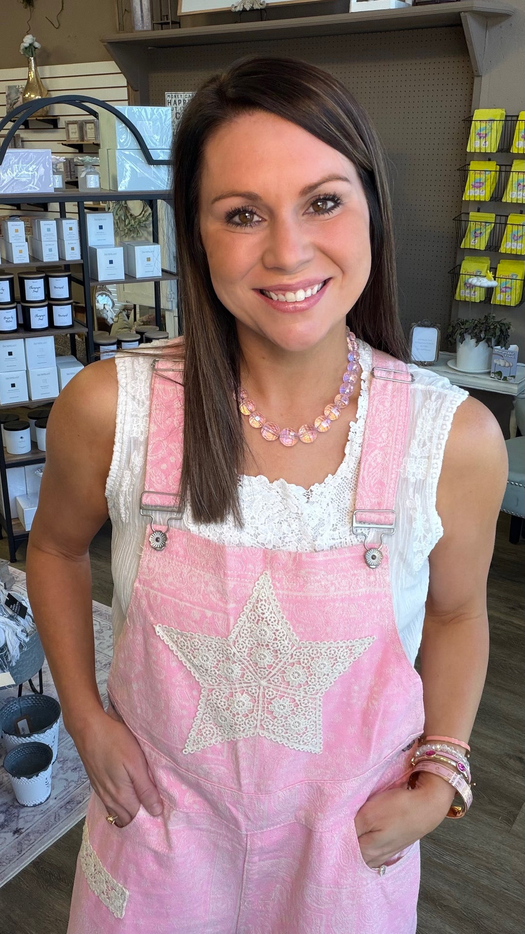Pink Paisley Floral Crochet Pearl Patch Overalls