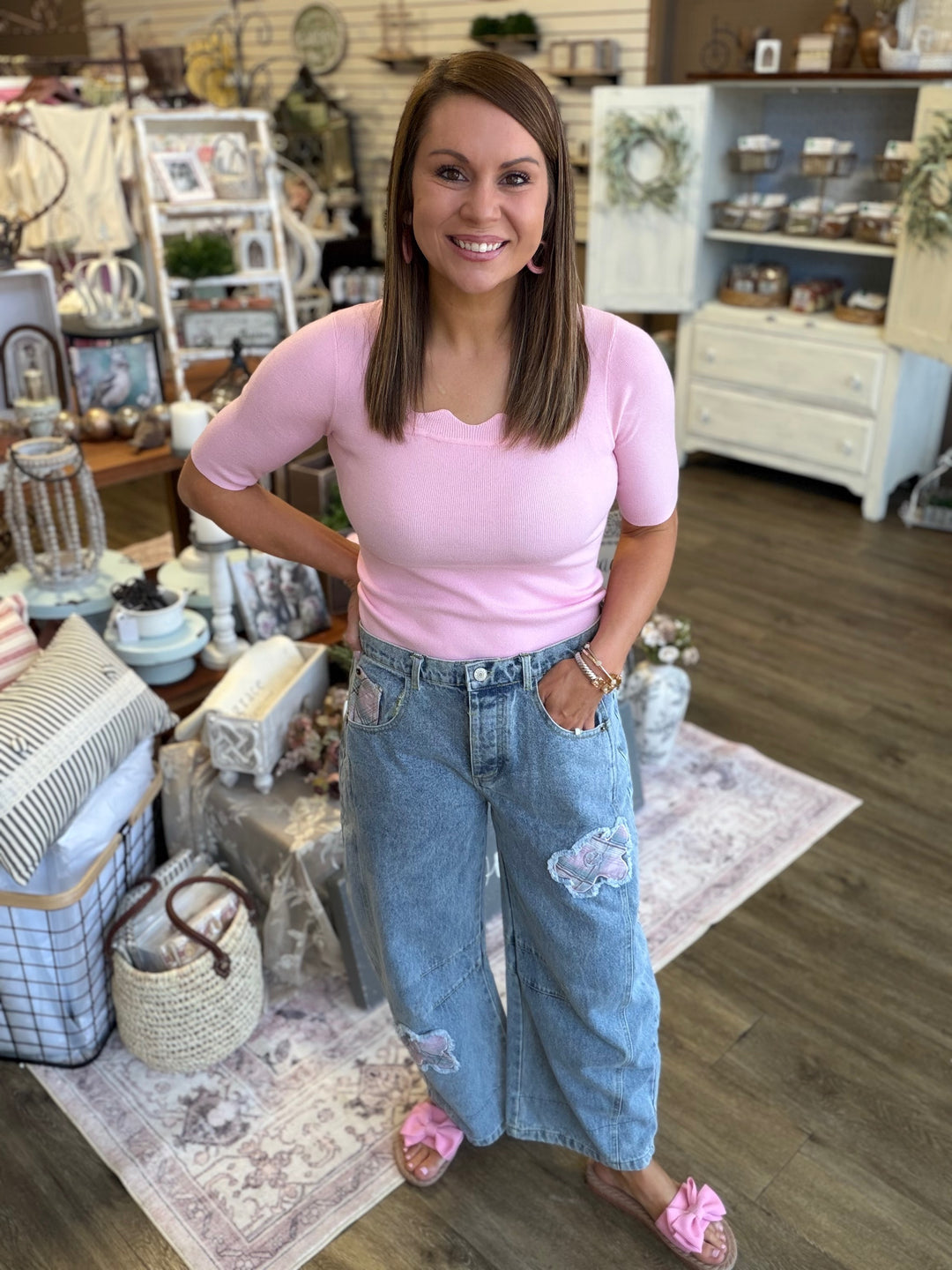 Floral Patchwork Barrel Jeans