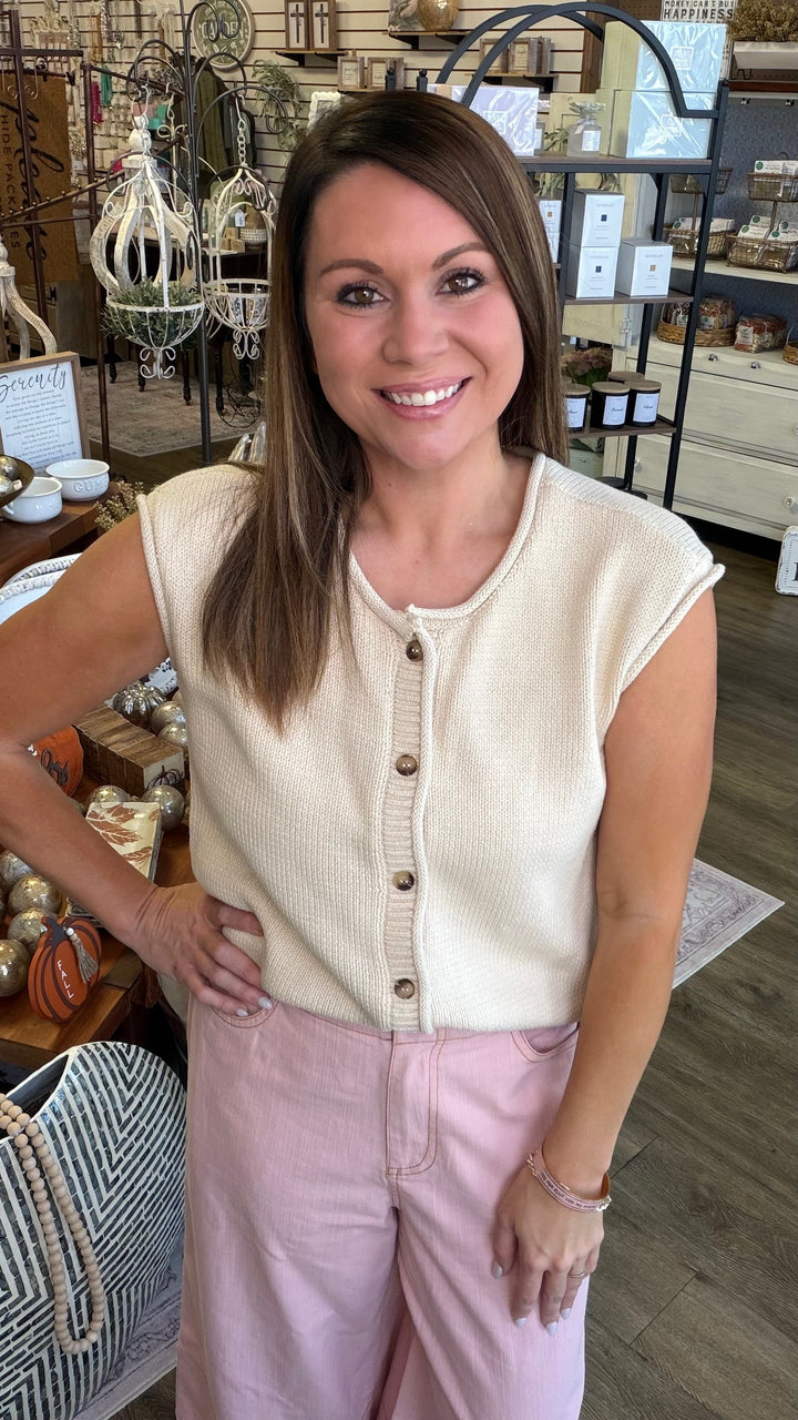 Front view of Oatmeal Button-Down Knit Vest — Heritage 1823 boutique in Dublin, TX.