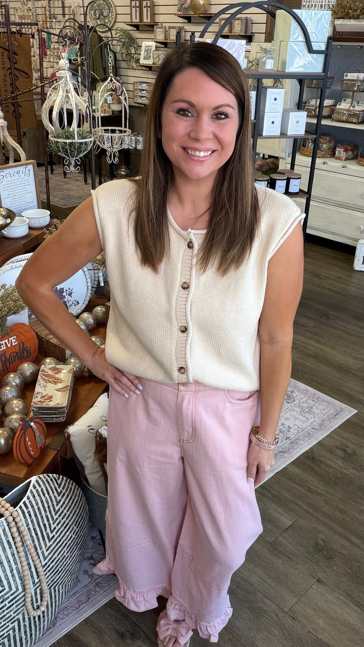 Model wearing Oatmeal Button-Down Knit Vest — Heritage 1823 boutique.