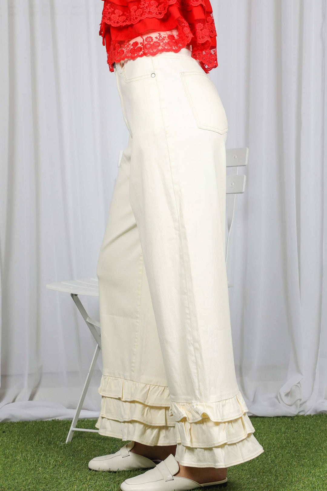 Ivory Ruffle Hem Pants