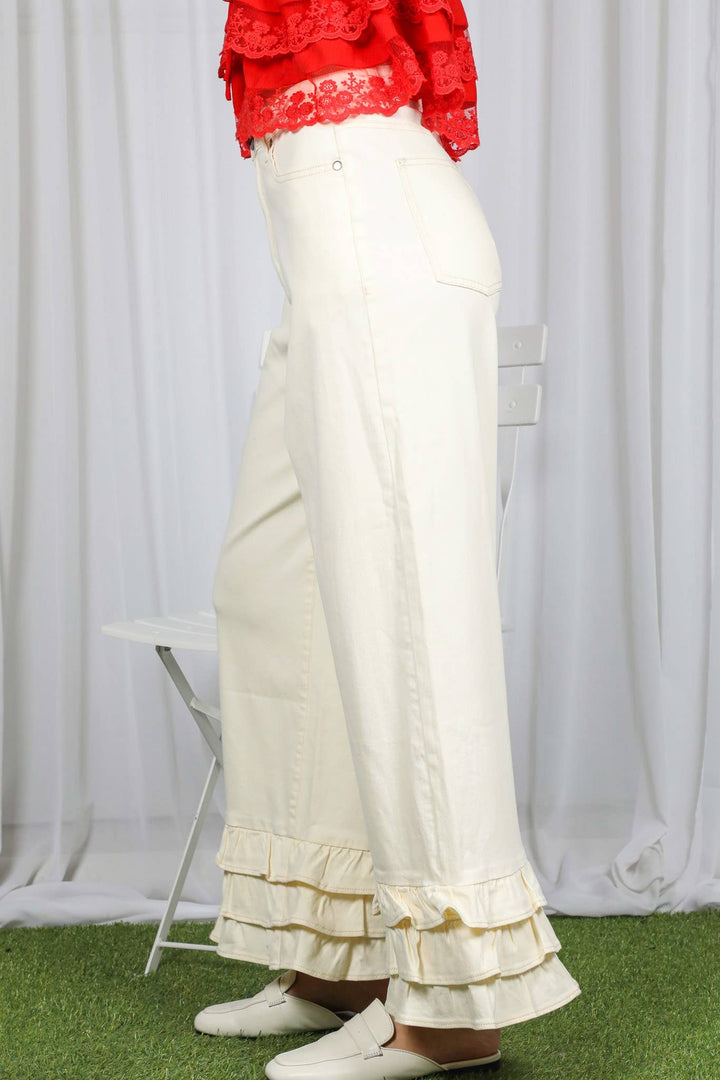 Ivory Ruffle Hem Pants