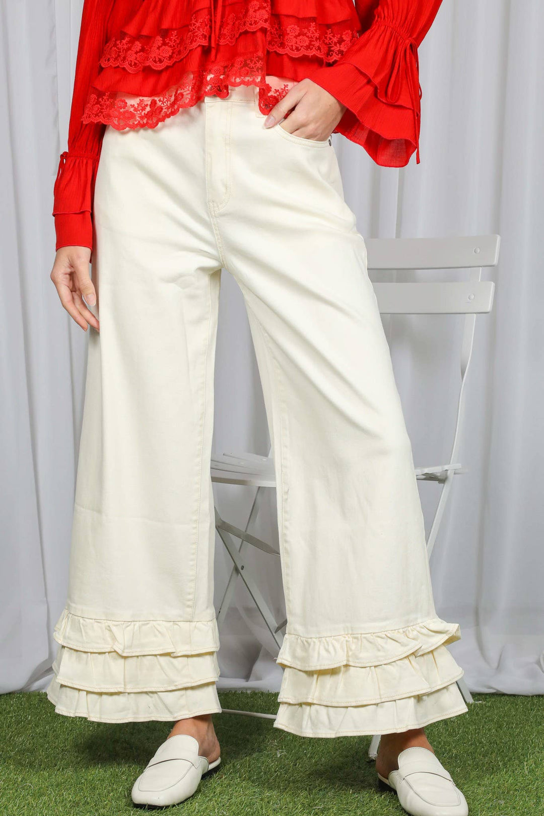 Ivory Ruffle Hem Pants