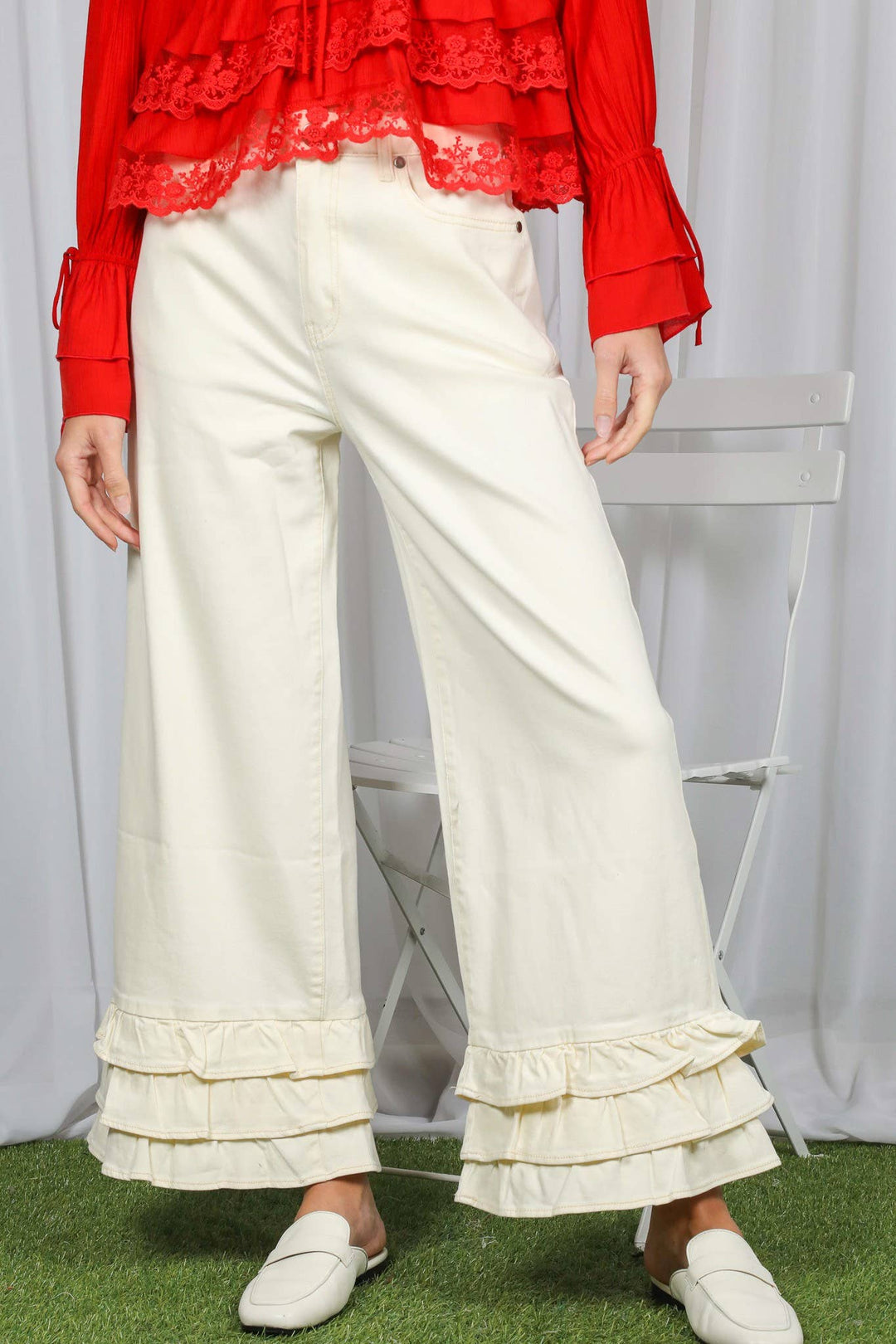 Ivory Ruffle Hem Pants